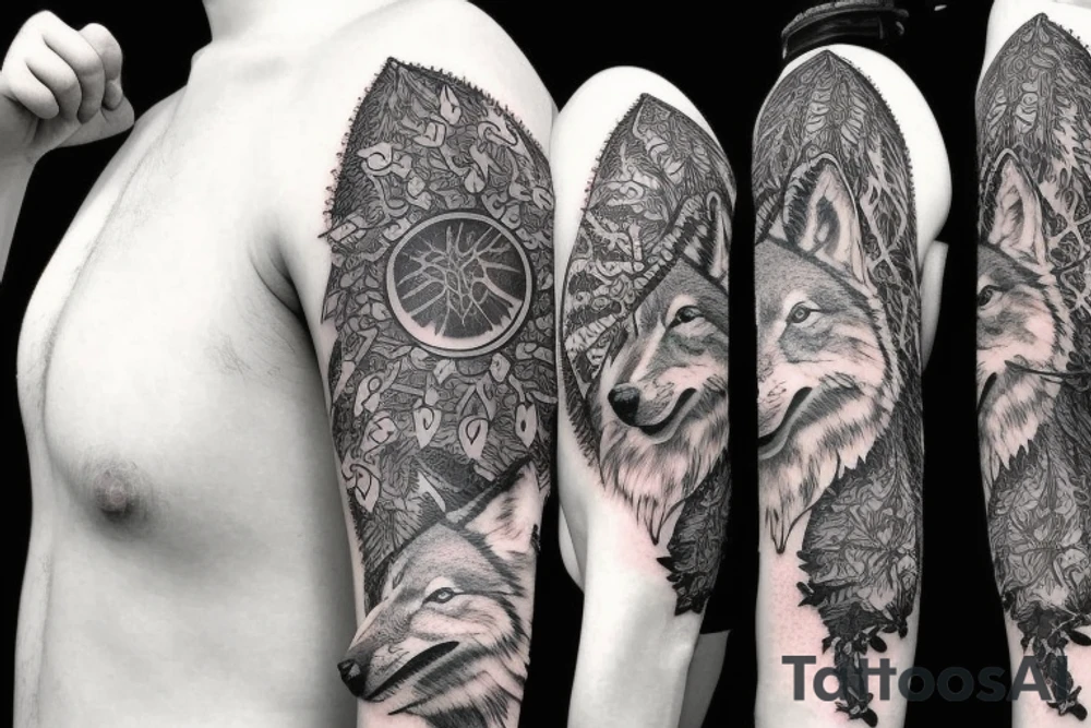 Sleeve with wolf trees moon tattoo idea