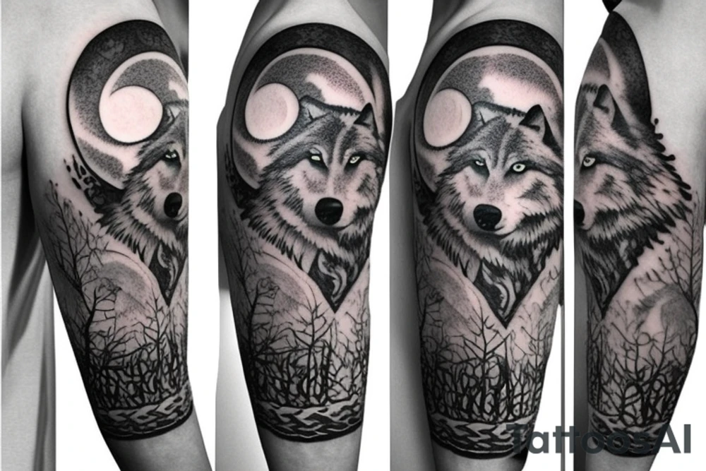Sleeve with wolf trees moon tattoo idea
