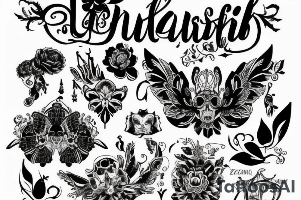 Wednesday z tyłu pajęczyna nad nią latają nietoperze przy jej nodze siedzi czarny kot tattoo idea
