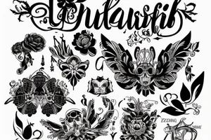 Wednesday z tyłu pajęczyna nad nią latają nietoperze przy jej nodze siedzi czarny kot tattoo idea