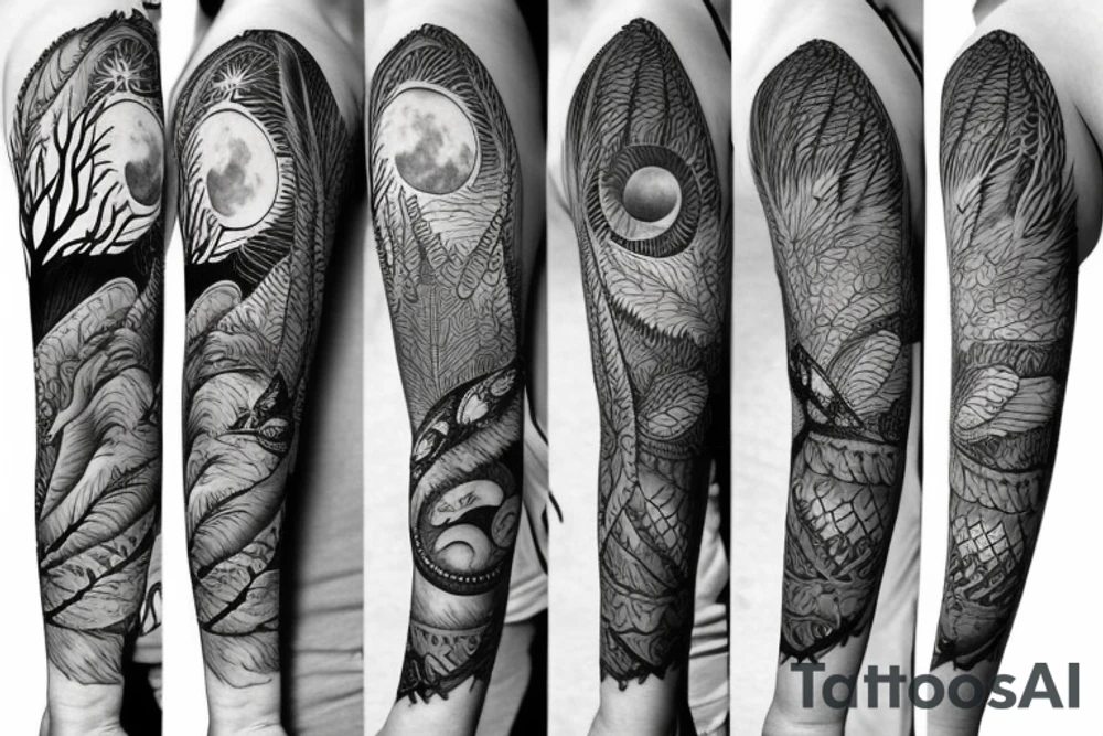 Sleeve with wolf trees moon tattoo idea