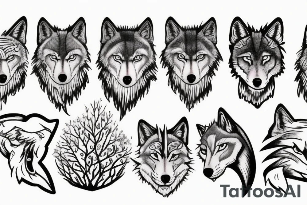 Sleeve with wolf trees moon tattoo idea