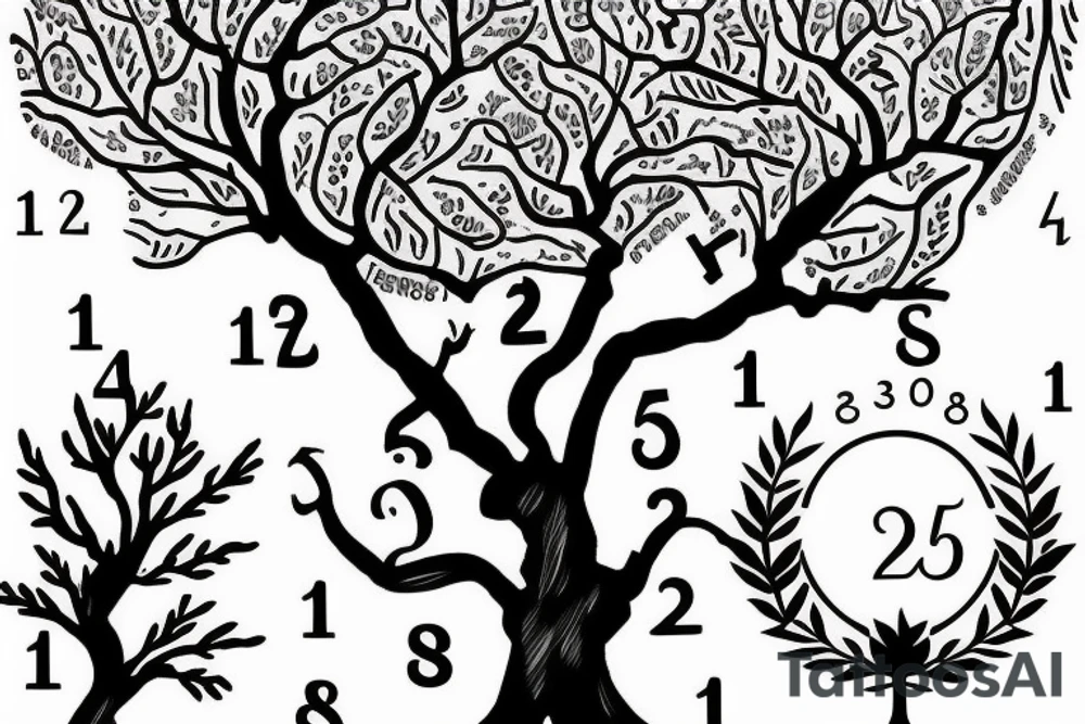 oak tree with numbers on the leafs tattoo idea