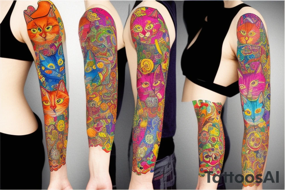 Psychodelic cats sleeve tattoo idea