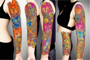 Psychodelic cats sleeve tattoo idea