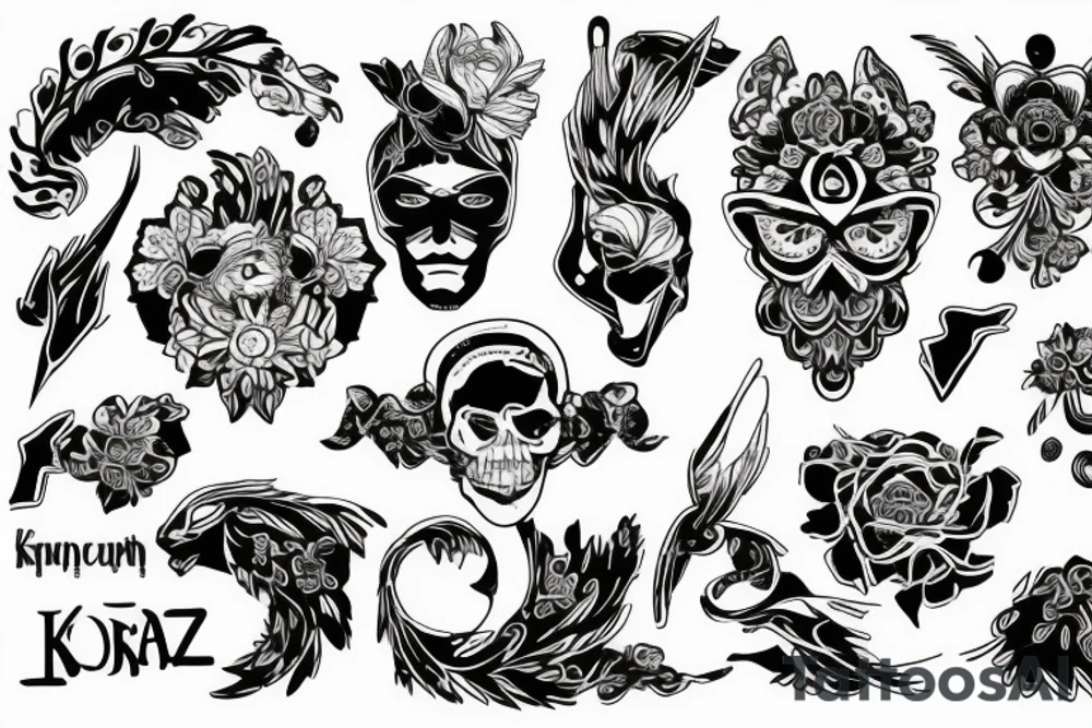 łapacz snów z koroną, łapką psa, piórkami tattoo idea