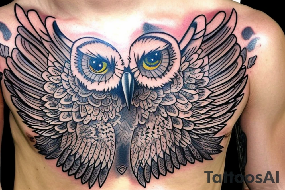 Owl with open wings on a chest tattoo idea