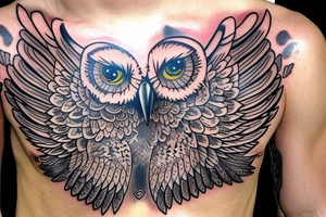 Owl with open wings on a chest tattoo idea