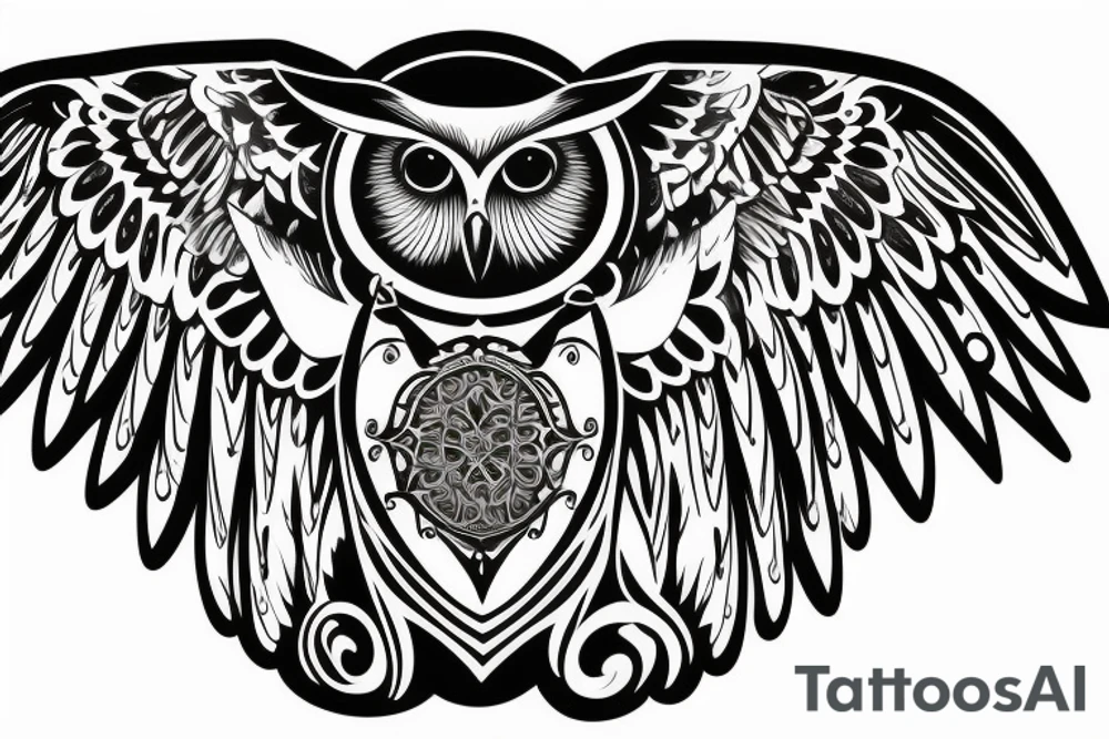 Owl with open wings on a chest tattoo idea