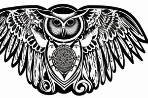 Owl with open wings on a chest tattoo idea