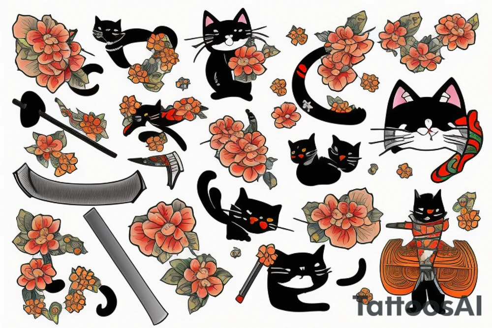 Cat wearing kimono with katana tattoo idea