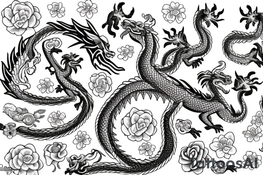 Dragon with pink flowers tattoo idea