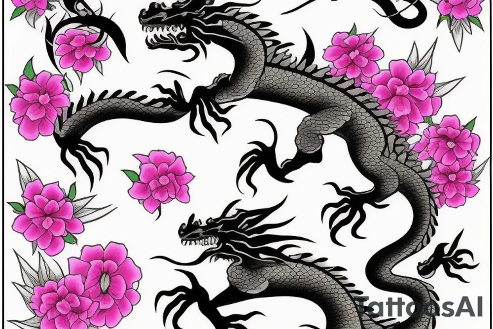 Dragon with pink flowers tattoo idea