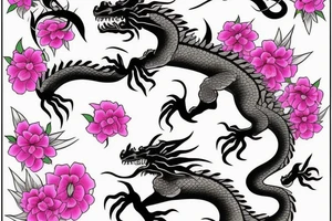 Dragon with pink flowers tattoo idea