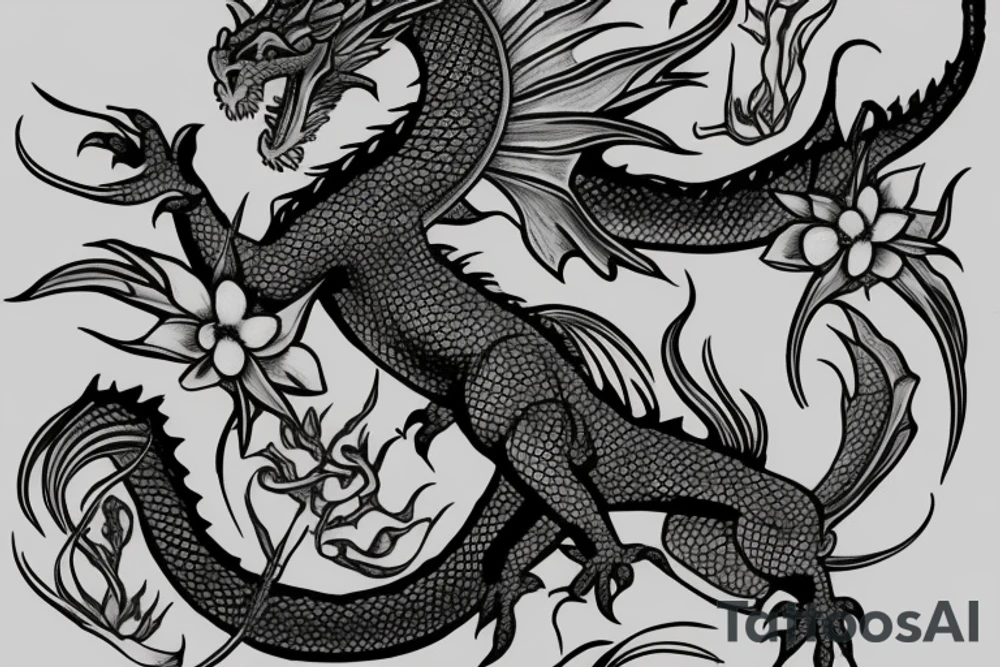 realistic dragon with pink flowers tattoo idea