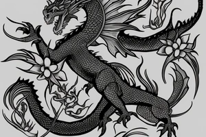 realistic dragon with pink flowers tattoo idea