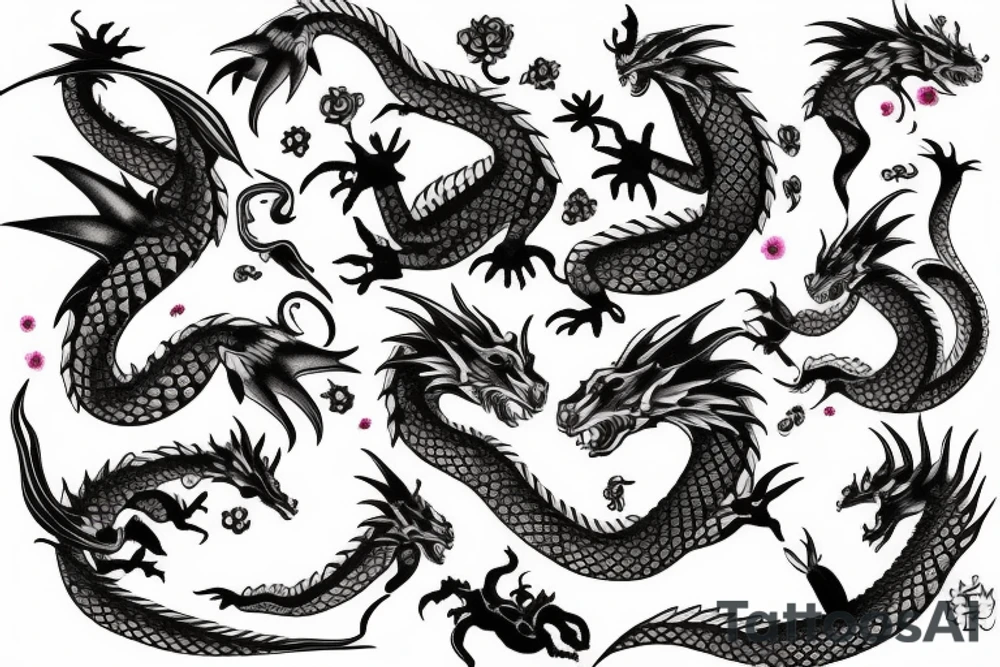 realistic dragon with pink flowers tattoo idea