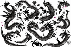 realistic dragon with pink flowers tattoo idea