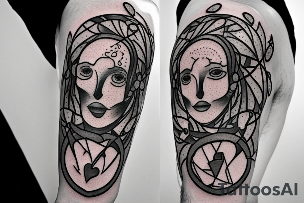 A libra made out of olive branches, with a brain and a heart on each side of the libra, which is controlled by a puppeteer tattoo idea