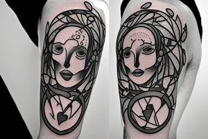 A libra made out of olive branches, with a brain and a heart on each side of the libra, which is controlled by a puppeteer tattoo idea