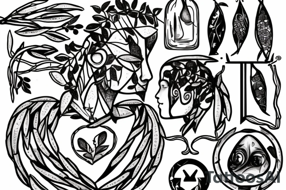 A libra made out of olive branches, with a brain and a heart on each side of the libra tattoo idea