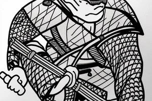 Sitting samurai next to cherry tree with katana stick into soil tattoo idea