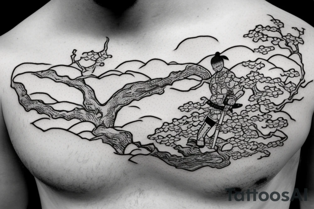 Sitting samurai next to cherry tree with katana stick into soil tattoo idea