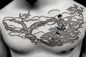 Sitting samurai next to cherry tree with katana stick into soil tattoo idea