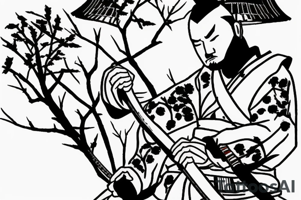 Sitting samurai next to cherry tree with katana stick into soil next to him tattoo idea Sitting samurai next to cherry tree with katana stick into soil next to him tattoo idea