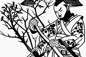 Sitting samurai next to cherry tree with katana stick into soil next to him tattoo idea