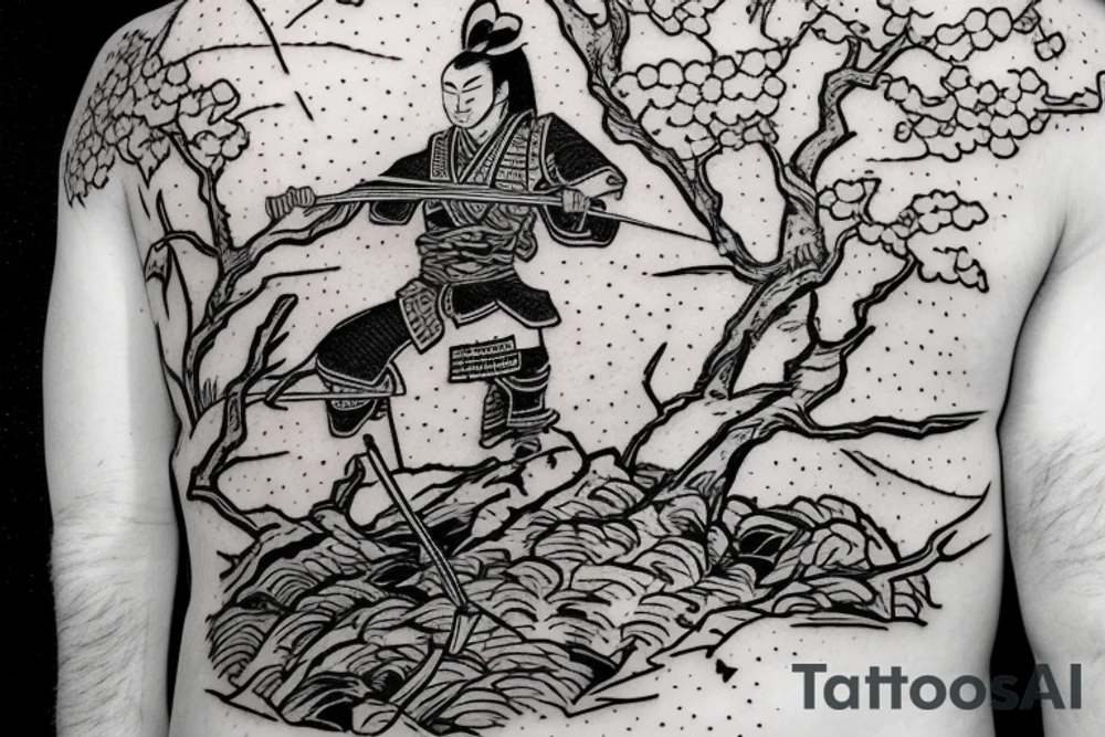 Sitting samurai next to cherry tree with katana stick into soil next to him tattoo idea