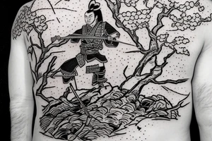 Sitting samurai next to cherry tree with katana stick into soil next to him tattoo idea