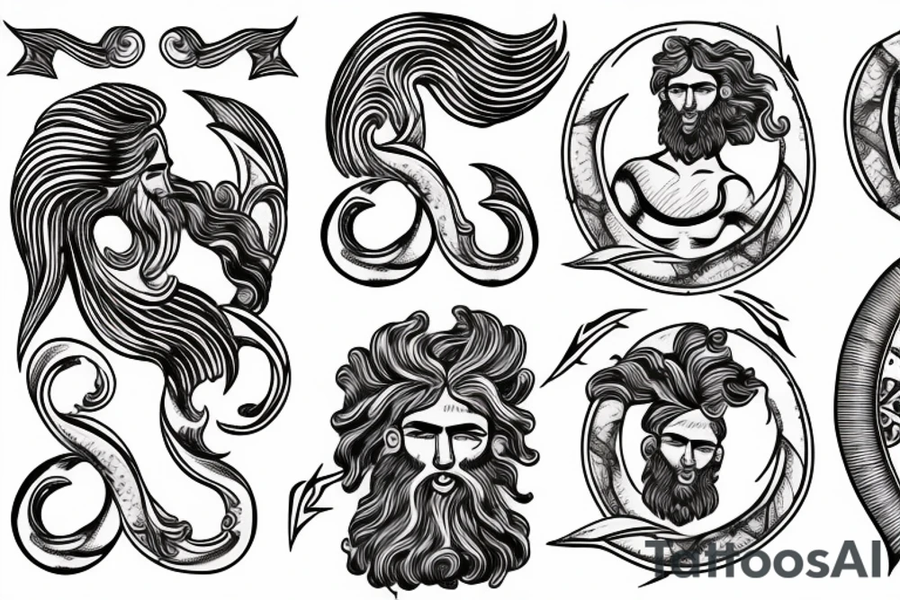 Antique Poseidon greek god with wave design tattoo idea