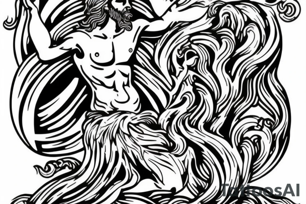 Antique Poseidon greek god with wave design tattoo idea