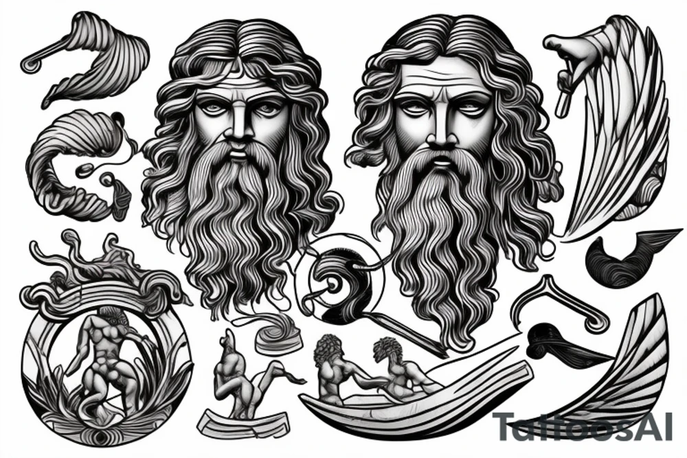 Antique Poseidon greek god with wave design tattoo idea