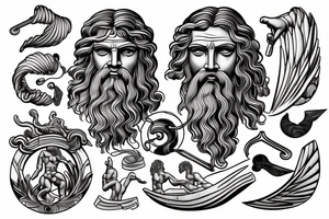 Antique Poseidon greek god with wave design tattoo idea