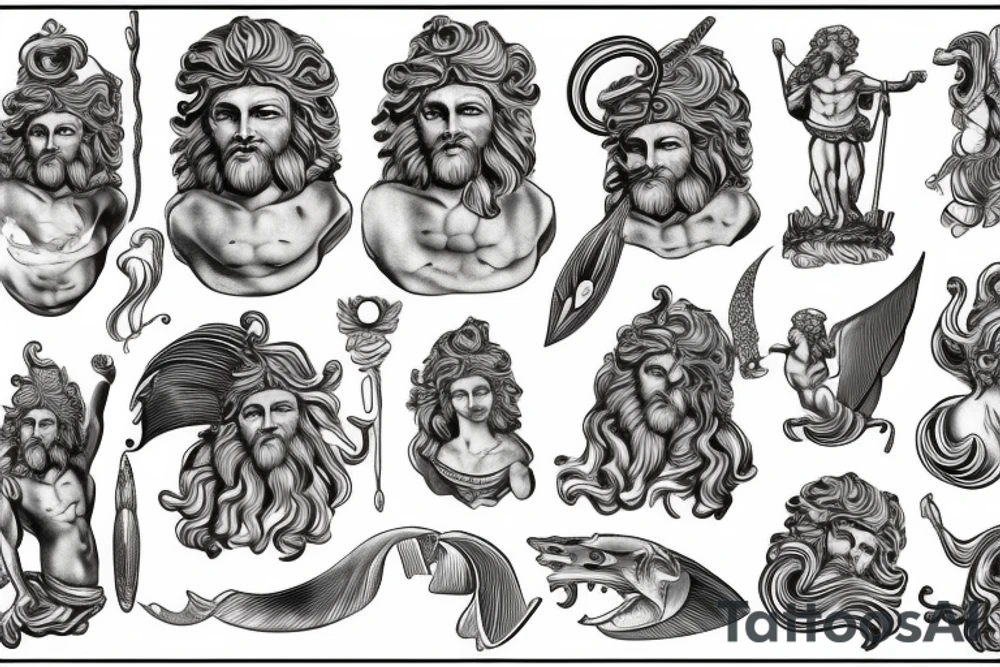 Antique Poseidon greek god with wave design tattoo idea