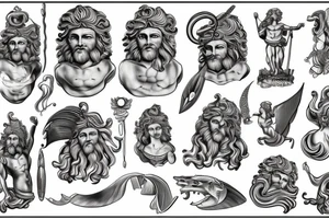 Antique Poseidon greek god with wave design tattoo idea