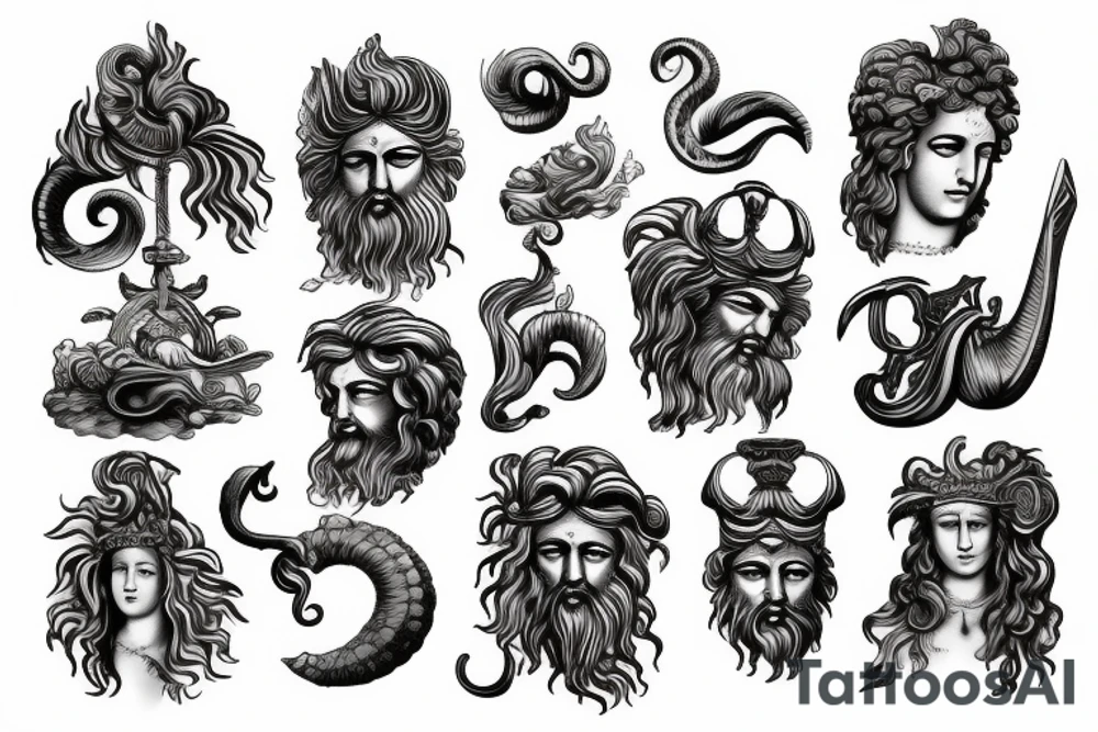 Antique Poseidon greek god with wave design tattoo idea