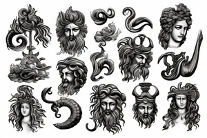 Antique Poseidon greek god with wave design tattoo idea