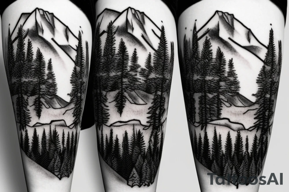 Portrait of a large white dog, mountains and conifers in the background tattoo idea