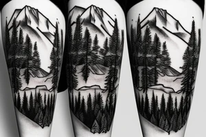 Portrait of a large white dog, mountains and conifers in the background tattoo idea