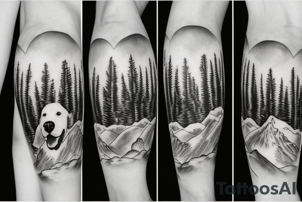 Portrait of a large white dog, mountains and conifers in the background tattoo idea