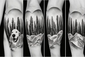 Portrait of a large white dog, mountains and conifers in the background tattoo idea