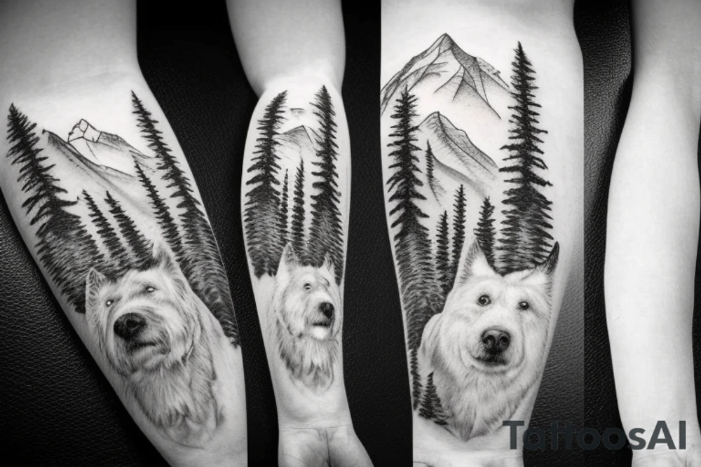 large white dog, mountains and conifers in the background tattoo idea