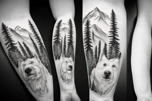 large white dog, mountains and conifers in the background tattoo idea