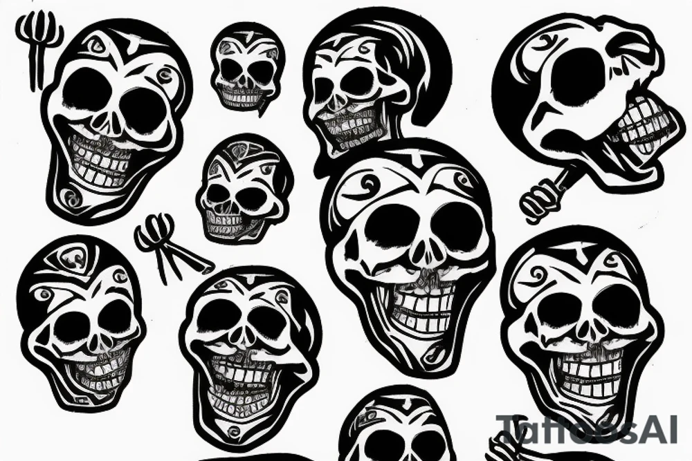a headless skeleton juggling three heads tattoo idea