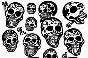 a headless skeleton juggling three heads tattoo idea