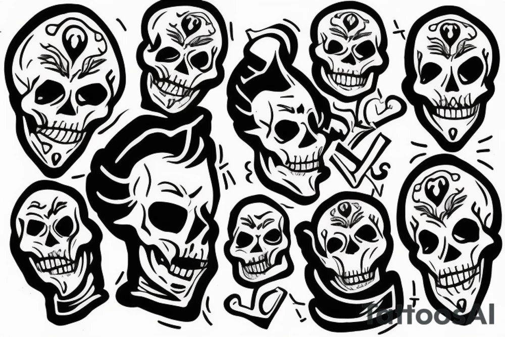 a headless skeleton juggling three heads tattoo idea