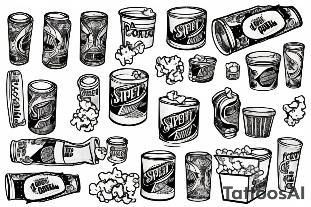 can of sprite eating popcorn tattoo idea